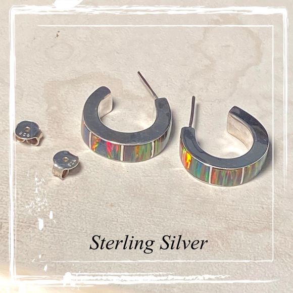 Fire Red Opal Sterling Silver Hoop Post Earrings 950 - Taxco, Mexico - Picture 7 of 8